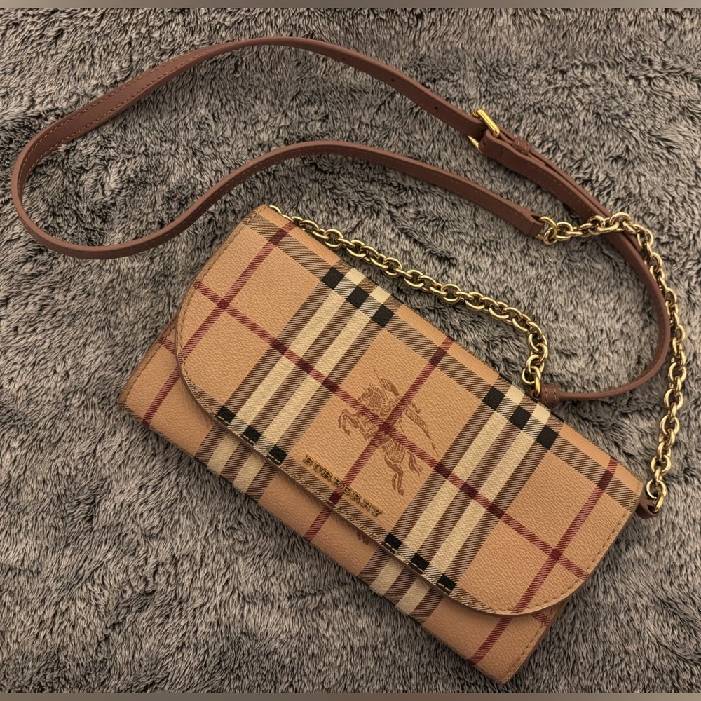 Burberry Haymarket Check Crossbody Wallet | Beige Canvas | Authentic | Like-New
